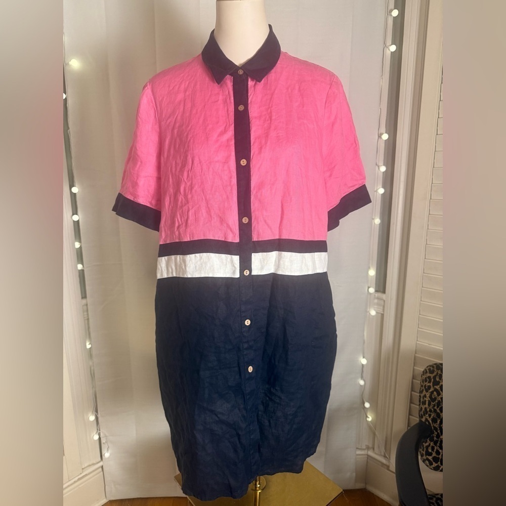 Court & Rowe Linen Colorblock Shirt Dress Pink Navy White Large